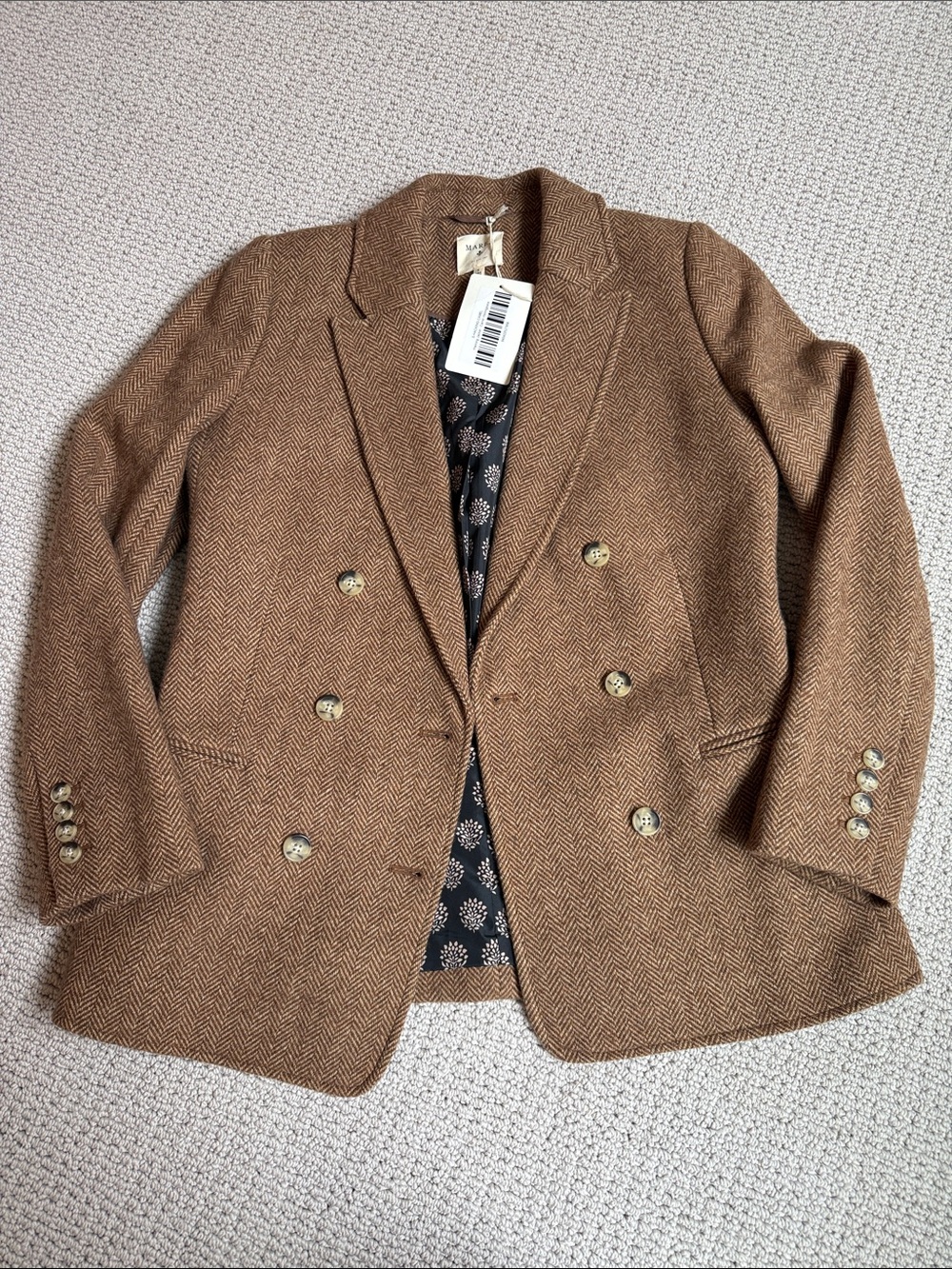 Wool-Blend Double-Breasted Brown Herringbone Blazer